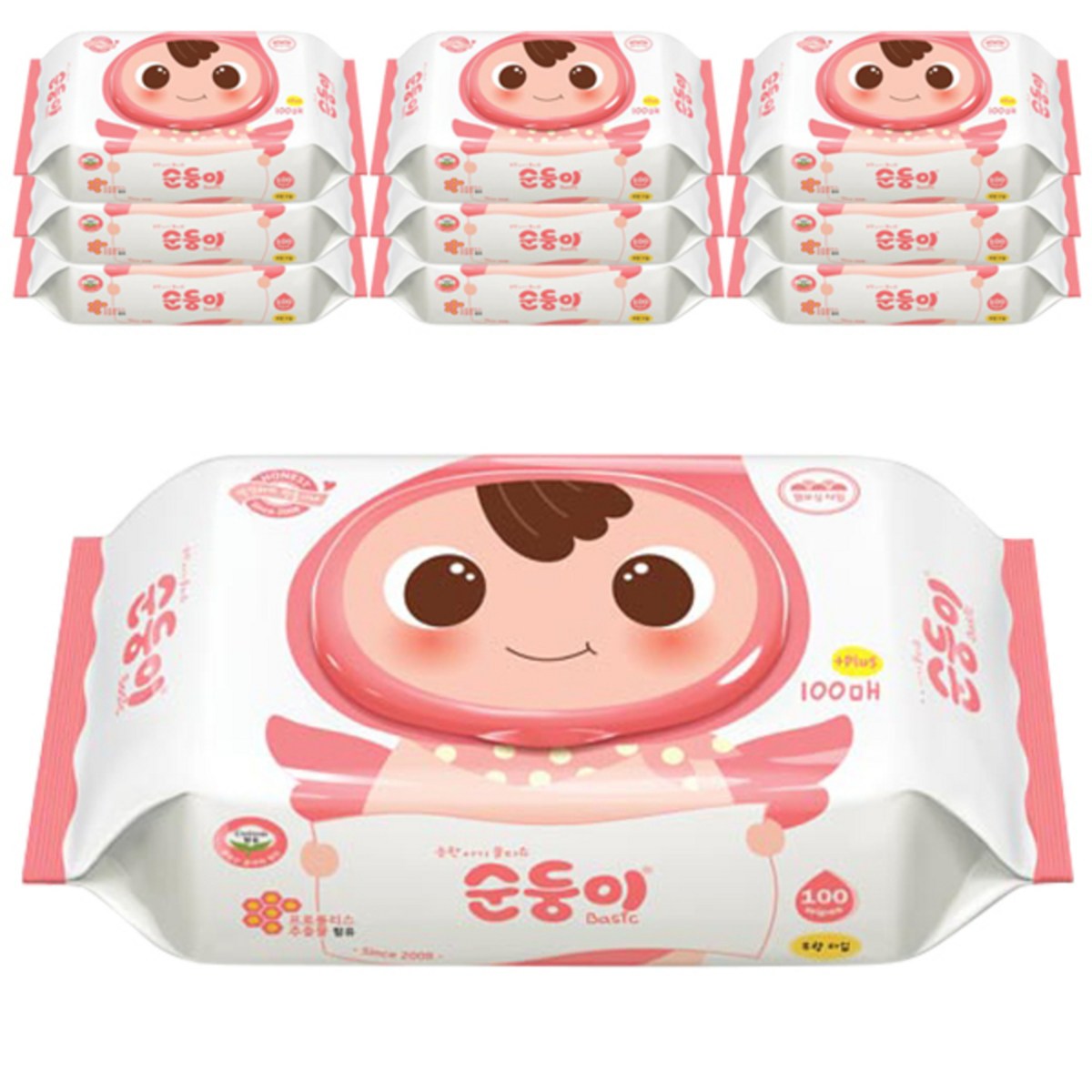 순둥이 베이직 무향 유아물티슈 캡형, 55g, 100매, 10개